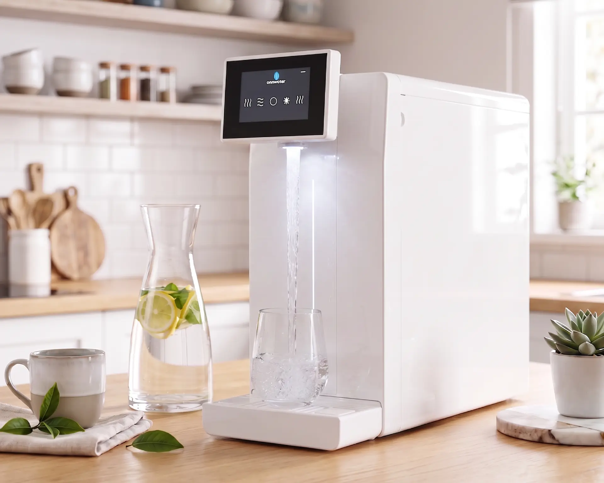 Depuratore d'acqua Clearwater da appoggio mentre eroga acqua in un bicchiere
