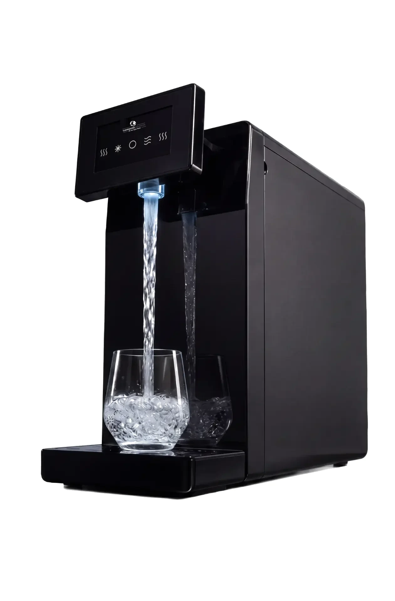 Depuratore d'acqua Clearwater nero con display touch mentre eroga acqua in un bicchiere